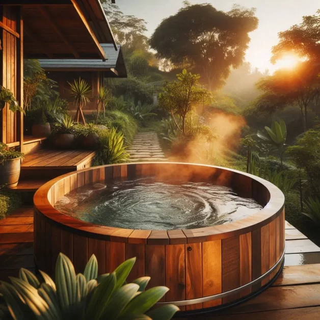 A wooden hot tub on a deck surrounded by lush tropical vegetation, with steam rising from the water. 