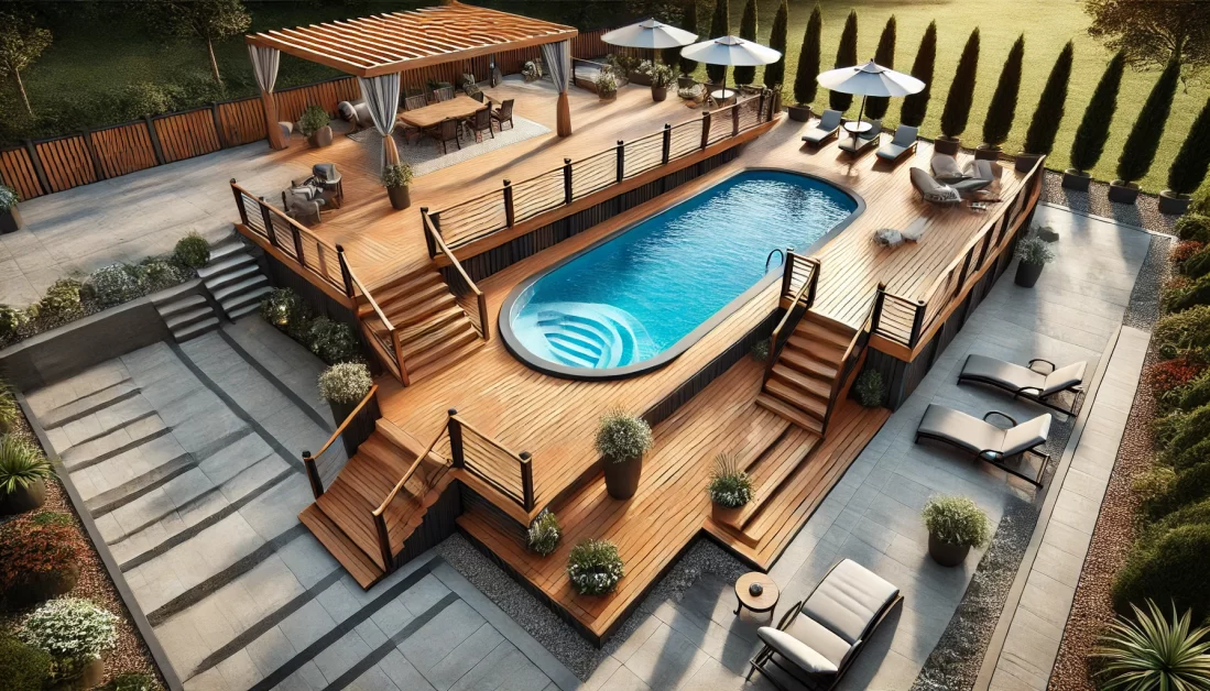 Above ground pool with a wooden deck and stone patio featuring lounge chairs, umbrellas, and a pergola for shade, creating a stylish and functional outdoor area.