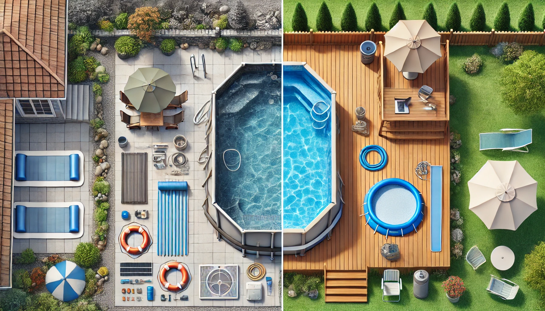 Comparison of permanent and temporary above ground pools, with accessories like ladders and filters, highlighting key factors in choosing the right pool.