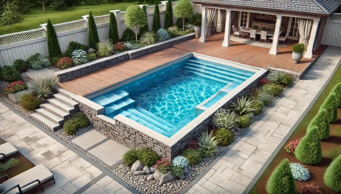 Partially buried above ground pool with stone retaining walls, landscaping, and a smooth deck that creates the look of an inground pool.