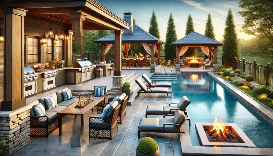 A luxurious outdoor pool area with an outdoor kitchen, cozy fireplace, lounge chairs, and shaded seating, designed for relaxation and entertaining.