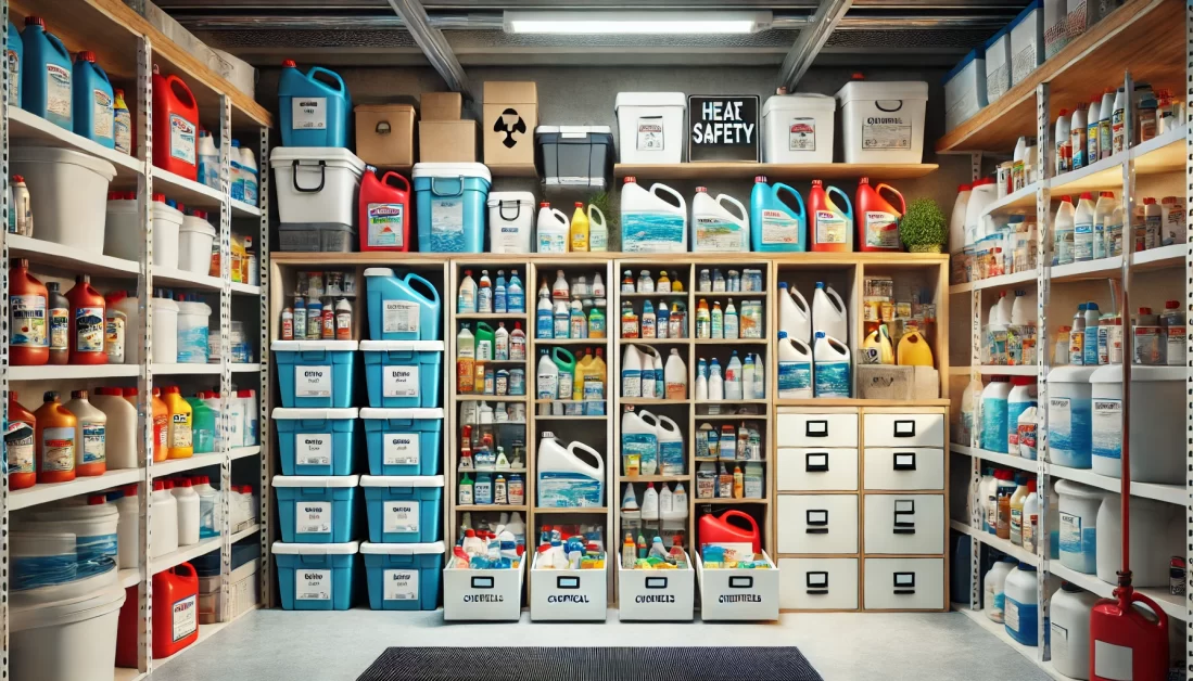 An organized garage with pool chemicals stored in labeled, lockable cabinets. The garage is clean and well-ventilated with safety signs visible.