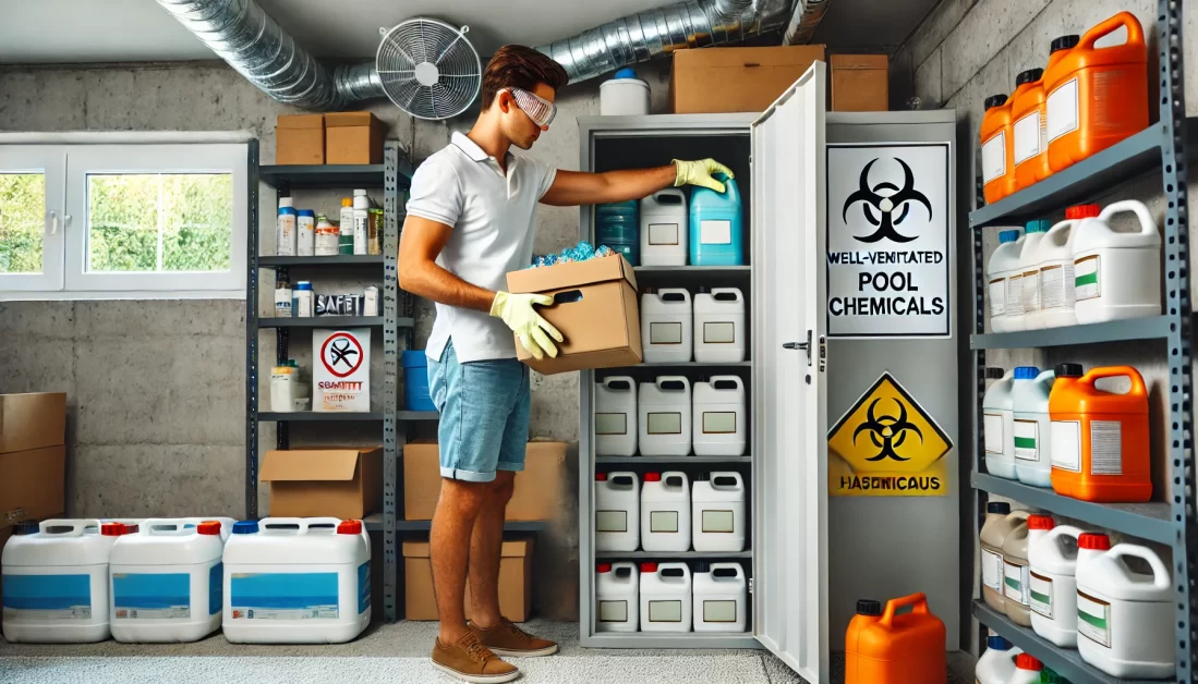 Man storing pool chemicals in a ventilated garage, placing them in a secure, lockable cabinet.