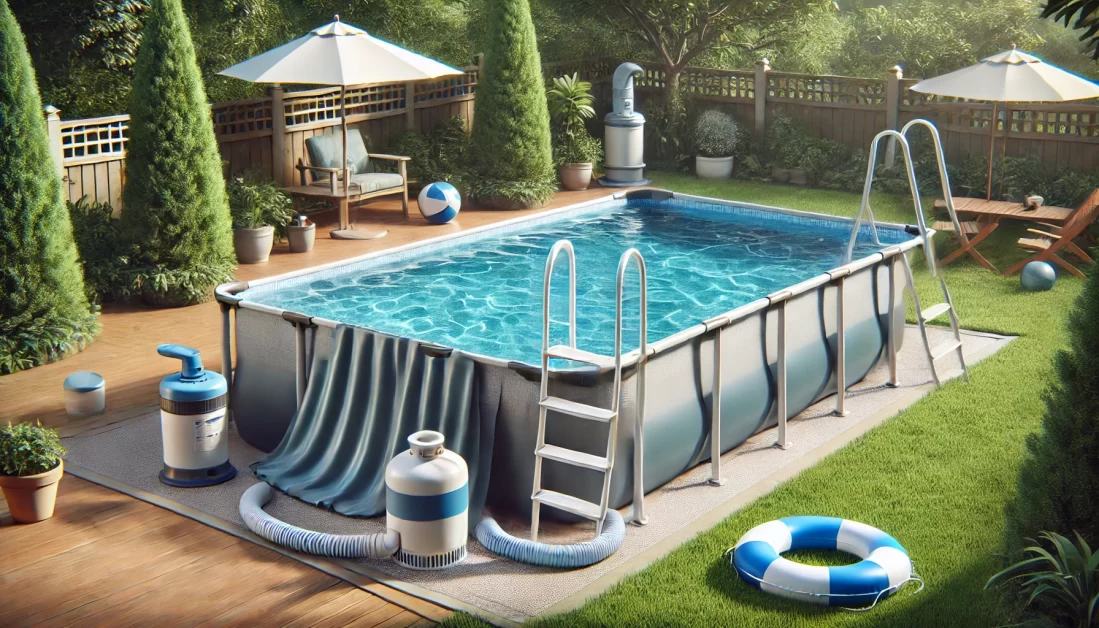 Above-ground pool with a ladder, pump system, and partially rolled-back pool cover in a well-maintained backyard.