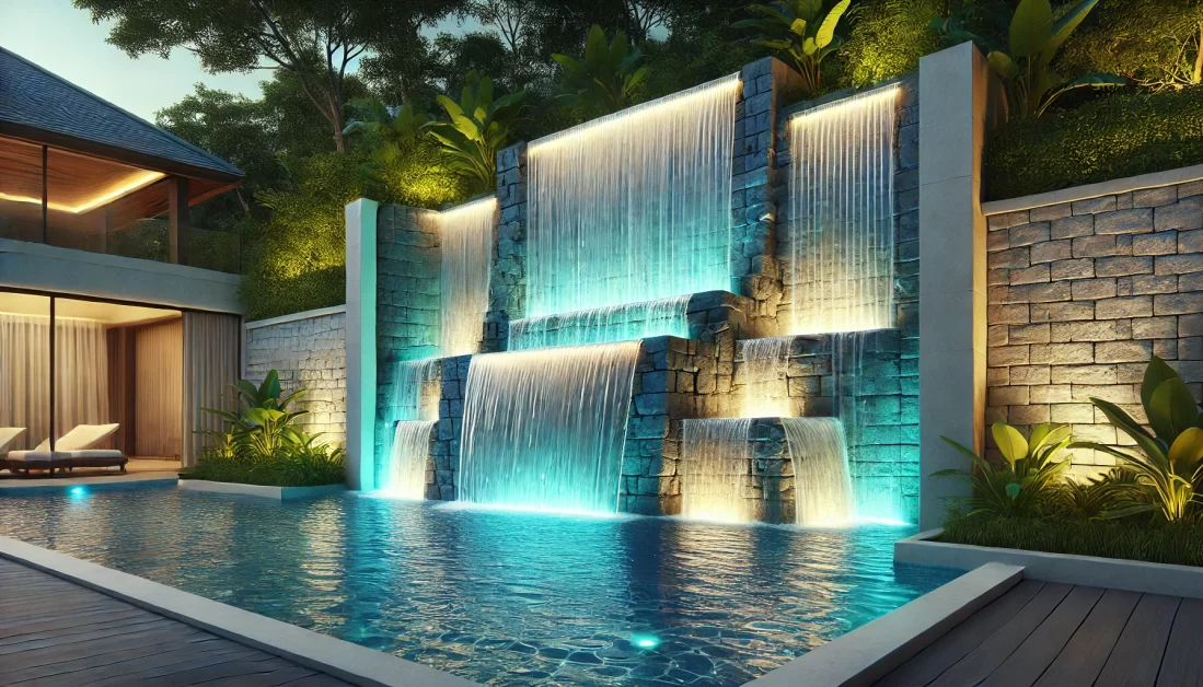 A luxurious pool with a waterfall wall feature surrounded by lush greenery, illuminated with LED lighting for a relaxing and serene atmosphere.