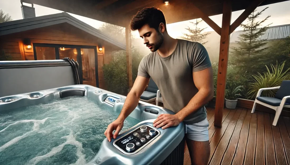 A man setting the perfect temperature for relaxation in his outdoor hot tub.