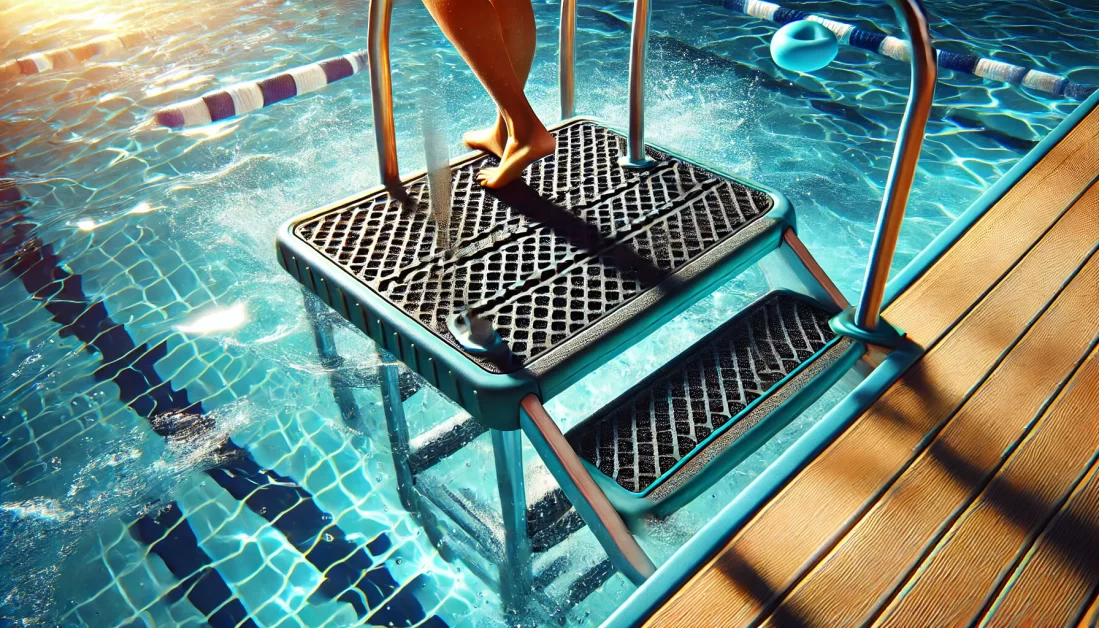 A person plunge in a pool using a ladder mat. 