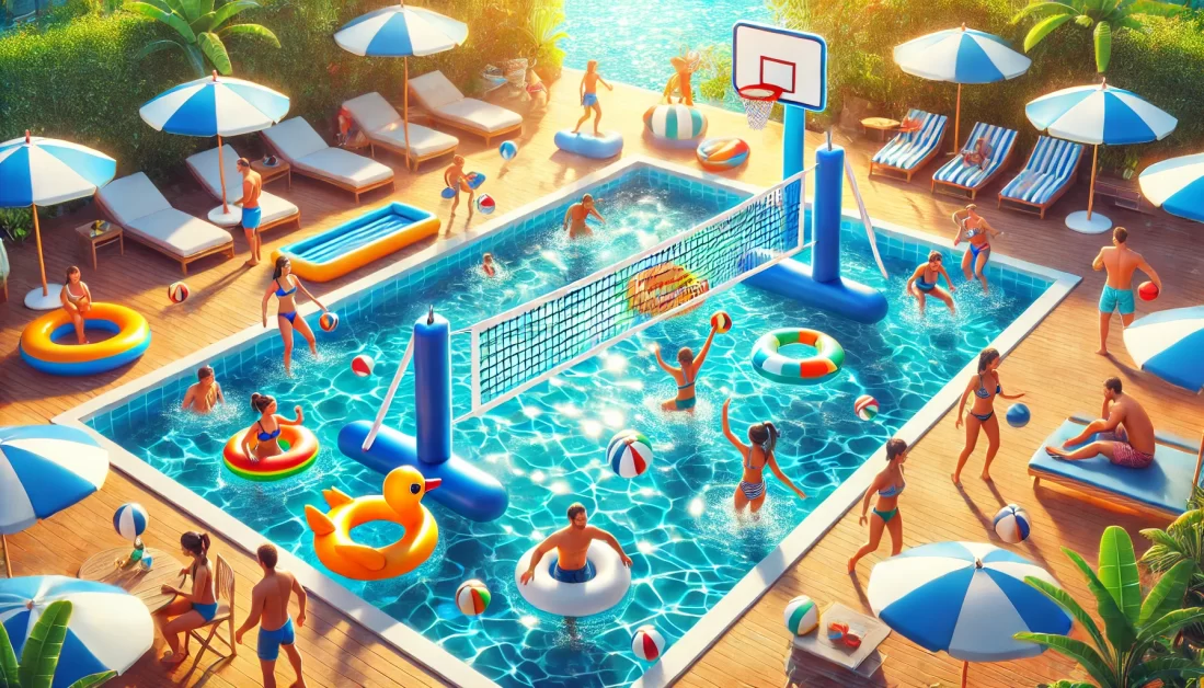 A vibrant swimming pool scene featuring inflatable pool volleyball and basketball sets with kids and adults enjoying water games.