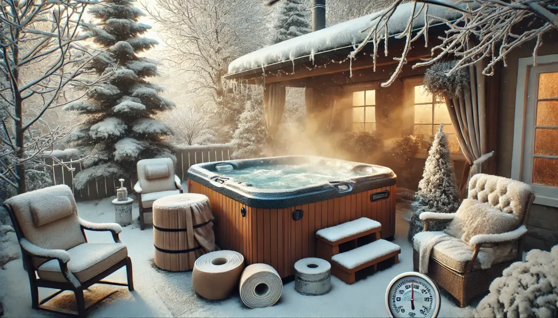 A winter hot tub scene in a snowy backyard, where soft snow falls, frosty trees are present, and steam rises from the warm water. Winter care is enhanced by the visibility of protective covers and pipe insulation.