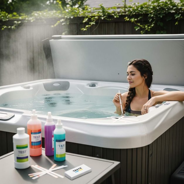 A young woman checking the water in a steaming hot tub in a backyard with chemical bottles and test strips nearby.