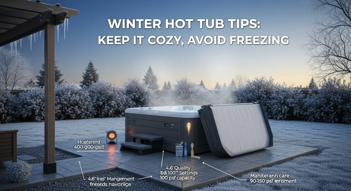 10 Smart Tips: Hot Tub in Winter Outside Safely and Comfortably 2 Hot tub on a composite deck in a snowy backyard with steam and lights, winter-ready.