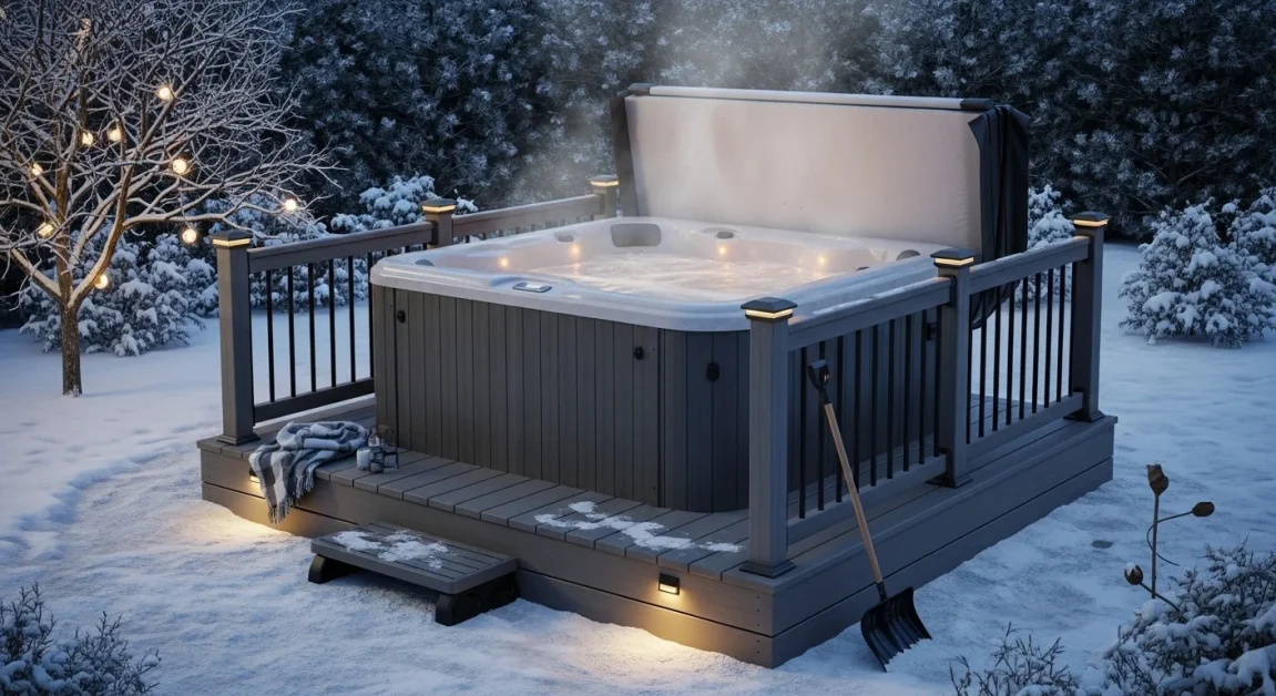 10 Smart Tips: Hot Tub in Winter Outside Safely and Comfortably 1 Hot tub on a concrete patio in a frosty yard with pergola, ready for winter.
