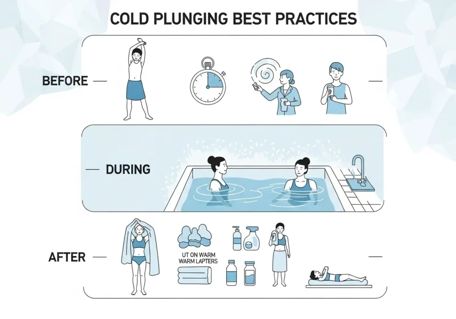 Visual-only infographic showing before, during, and after cold plunging using illustrations and symbols, no text.