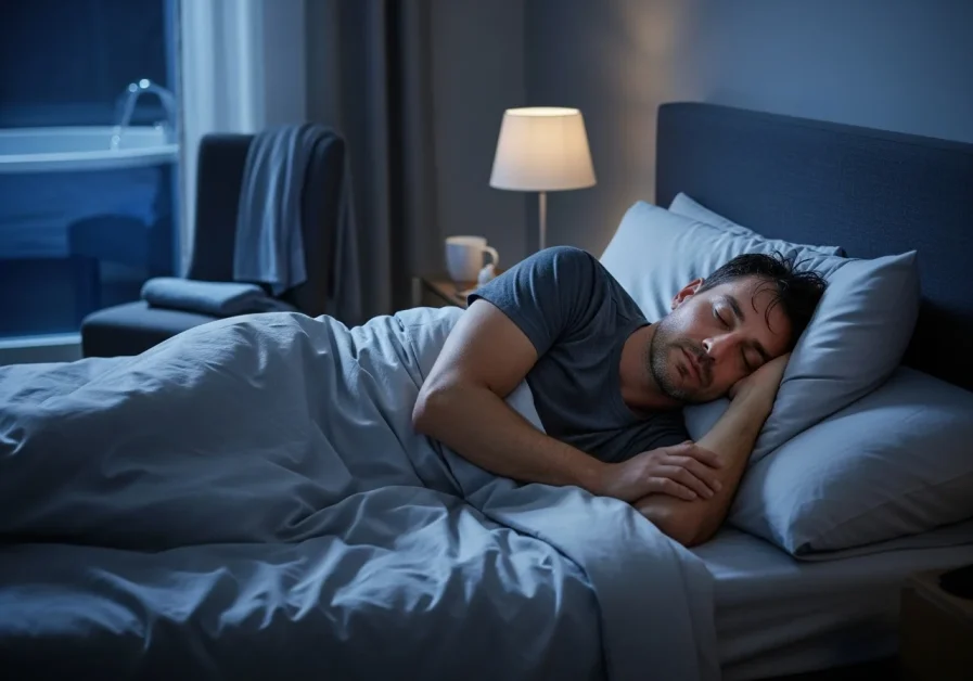 Realistic scene of a man sleeping peacefully after cold plunging, with soft lighting and subtle wellness details.