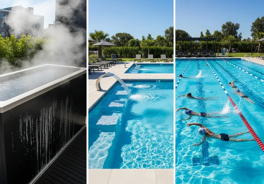 Cold plunge, cocktail, and regular pools shown side by side.