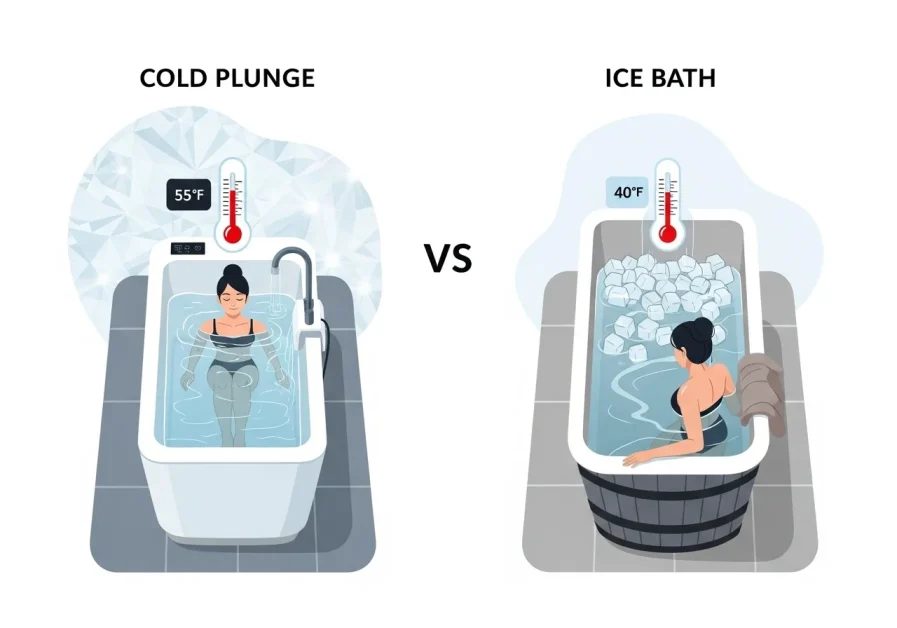Side-by-side visual comparison of cold plunge and ice bath using illustrations only, highlighting setup, temperature, and water type.