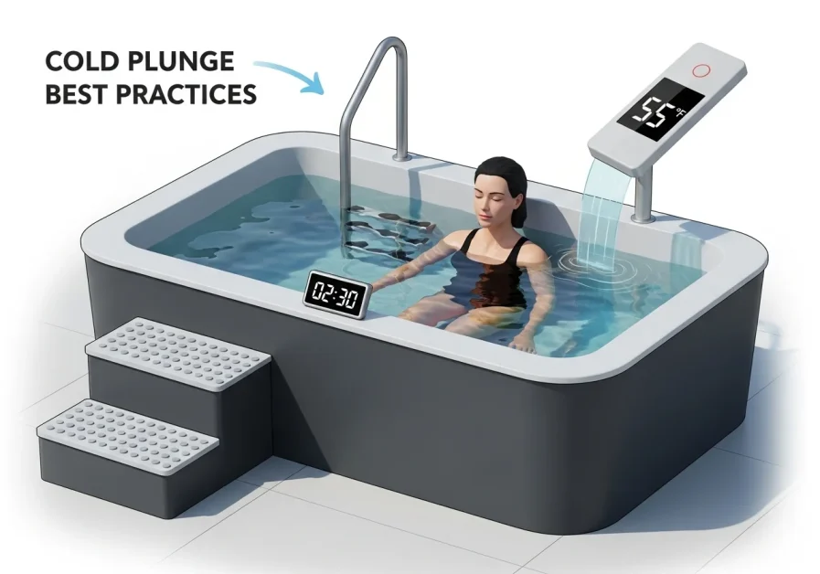 Diagram of cold plunge safety tips showing temperature, time, breathing, and warm-up guidance.