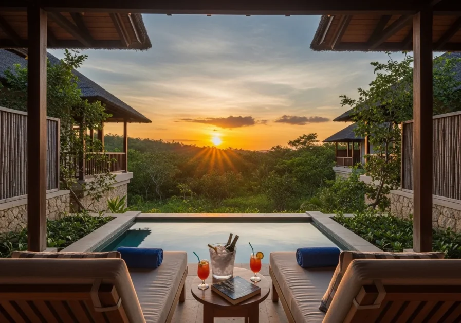 Hotel or resort suite with private plunge pool and view.