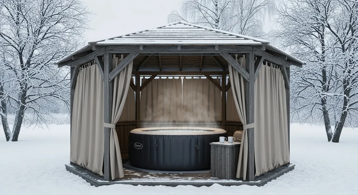 Inflatable hot tub under a wooden gazebo with privacy curtains.