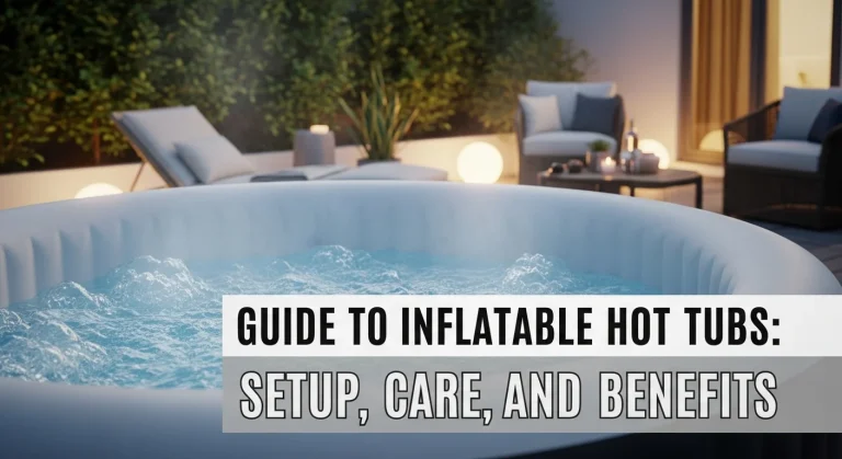 Hyper realistic inflatable hot tub in a cozy backyard with bubbling water, soft patio lighting, and overlay text that says "Guide to Inflatable Hot Tubs: Setup, Care, and Benefits