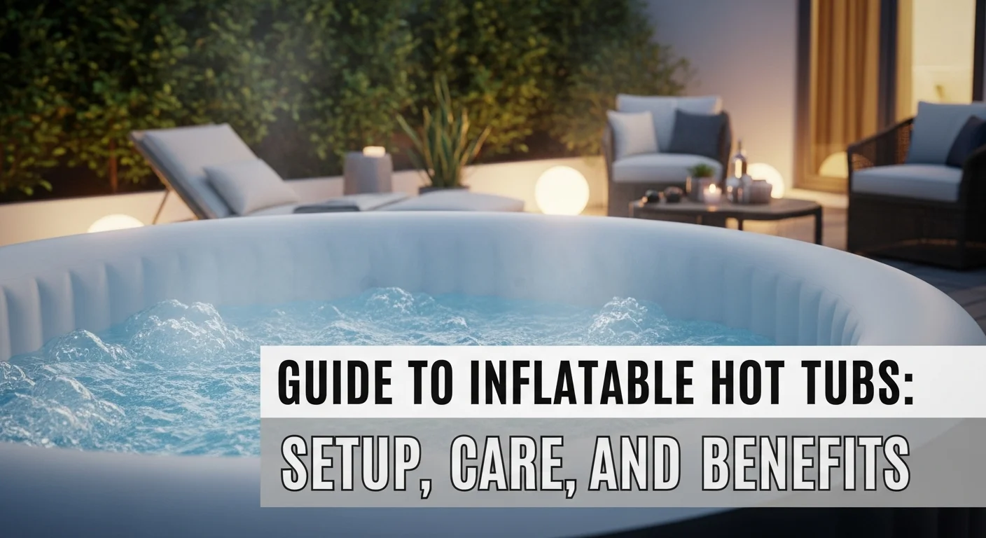 Hyper realistic inflatable hot tub in a cozy backyard with bubbling water, soft patio lighting, and overlay text that says "Guide to Inflatable Hot Tubs: Setup, Care, and Benefits