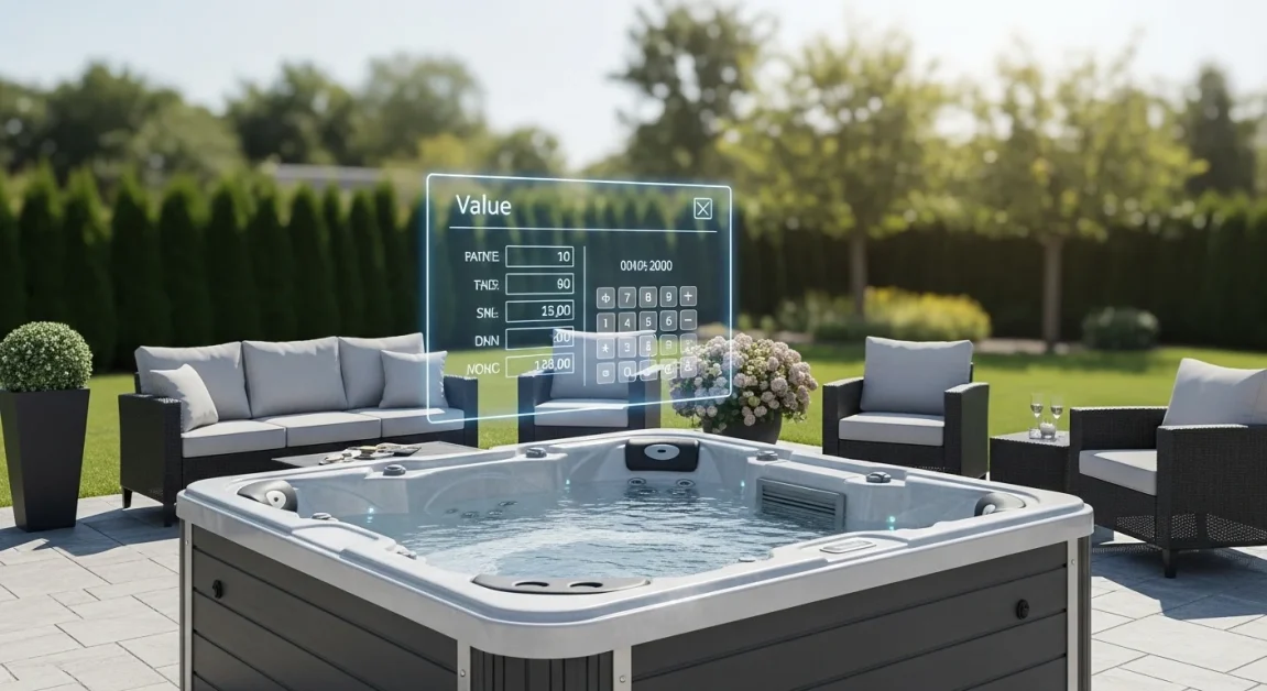 Hot Tub Value Calculator: 1 A hot tub placed on open outdoor patio with calculation sign ovelay on it.