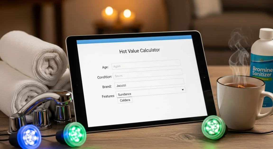 Hot Tub Value Calculator: 3 A tab showing the hot tub calculator on a table with a hot cup of coffee and other elements of hot tub.