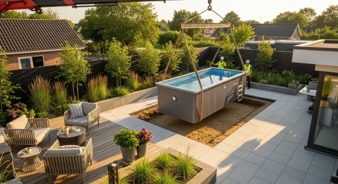 Step-by-step plunge pool installation in a modern backyard with wood decking and lush landscaping.