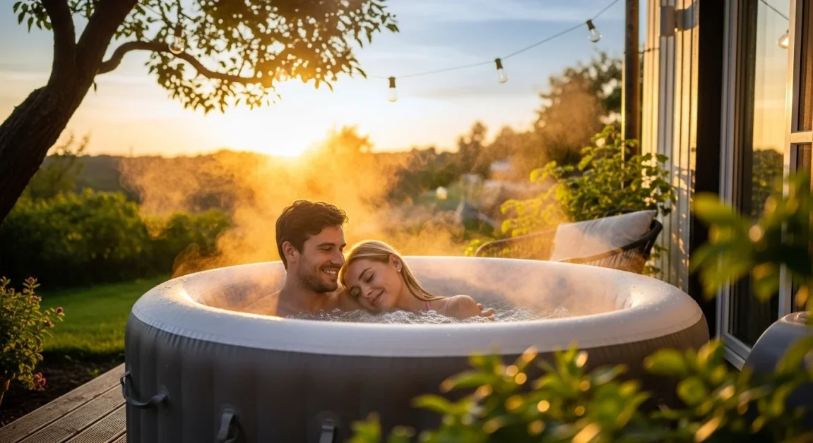 Couple enjoying an inflatable hot tub in a cozy backyard during sunset.