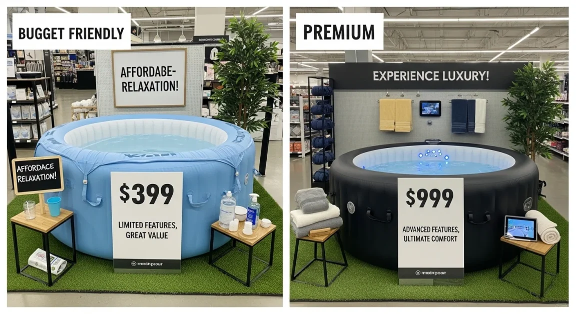 Display of inflatable hot tubs with price tags ranging from budget to premium.