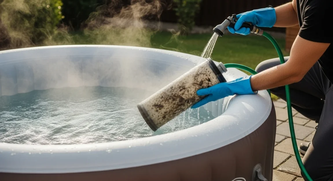 Hands rinsing a hot tub filter with a garden hose in a backyard.