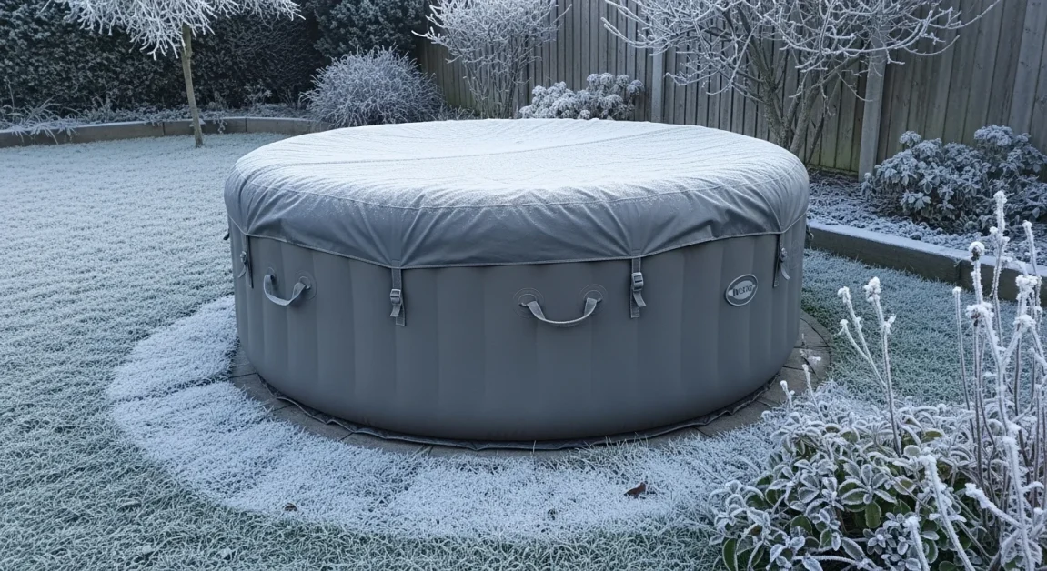 Inflatable hot tub with an insulated cover in a snowy backyard.