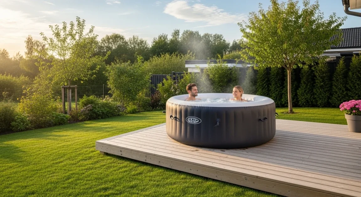 Inflatable hot tub on a wooden deck in a backyard setting.
