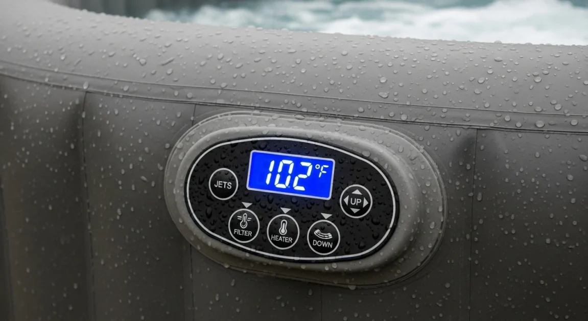 Inflatable hot tub with digital controls displaying water temperature.