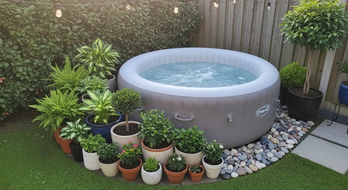Inflatable hot tub with plants and stone landscaping in a backyard setting.