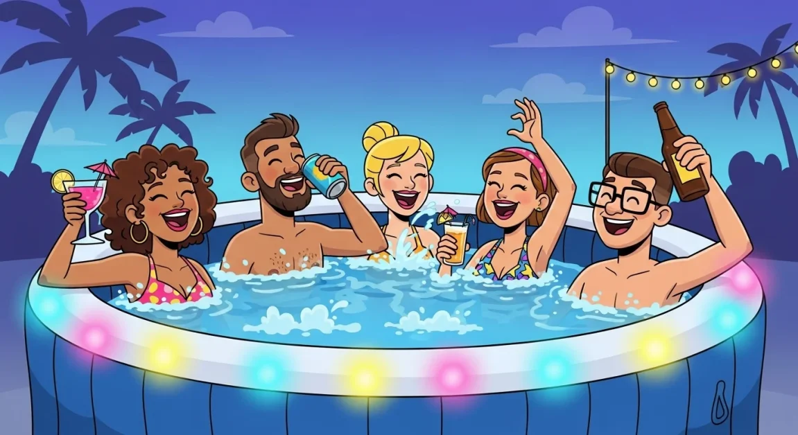 Group of adults enjoying drinks in an inflatable hot tub with colorful lights.