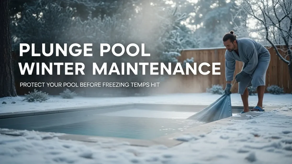 Plunge Pool and Cold Plunge Guide: Costs, Types, and Smart Picks 16 A person in a winter robe checking an outdoor plunge pool covered in snow, with visible title text “Plunge Pool Winter Maintenance” and a cold weather backyard setting.