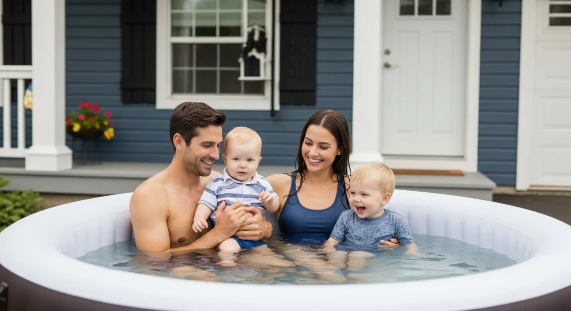 A happy family using inflatable hot tub in front of her home.