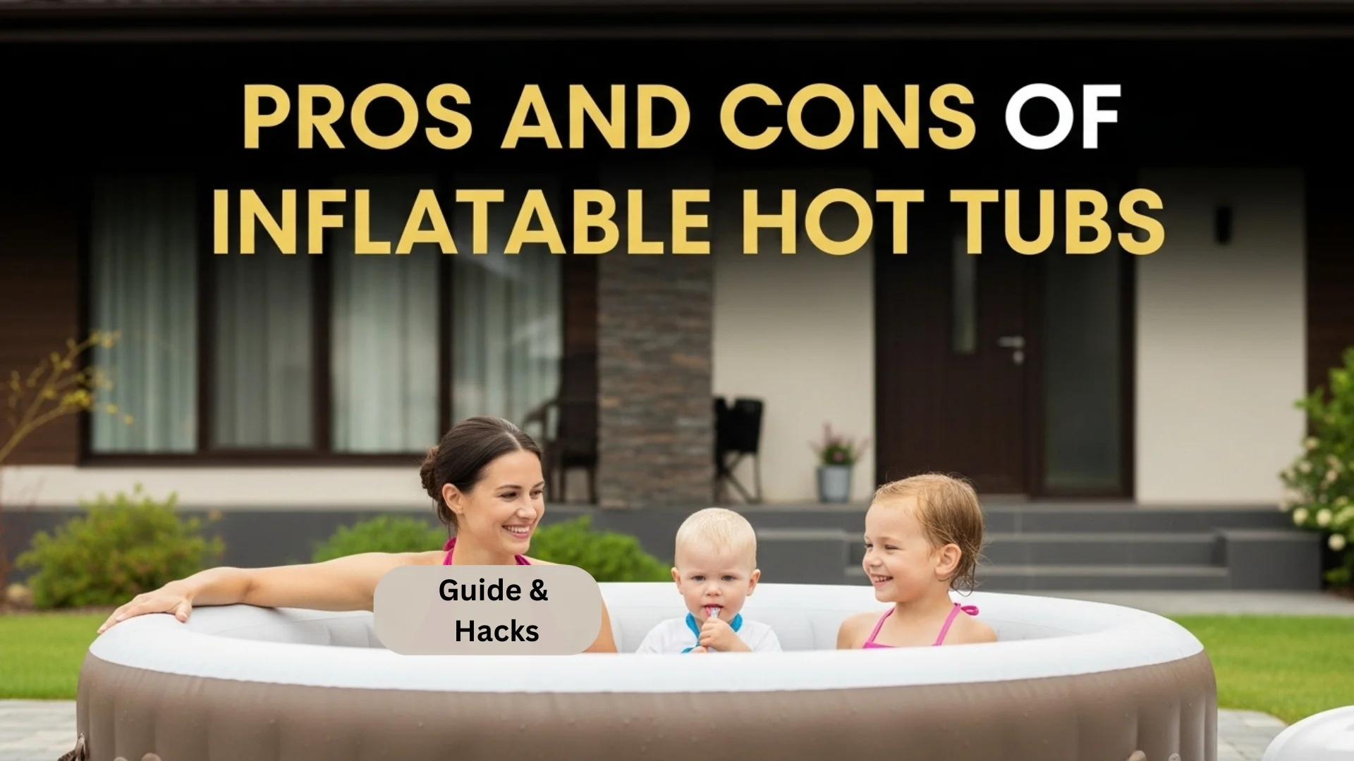 Pros and Cons of Inflatable Hot Tubs: Is One Right for You? 1 A small family soaking in a inflatable hot tub and text info.