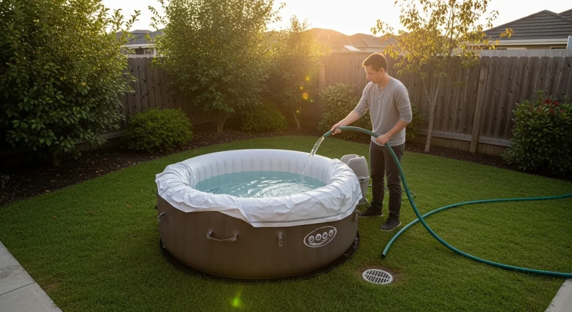 Inflatable hot tub being drained and packed away for winter storage.