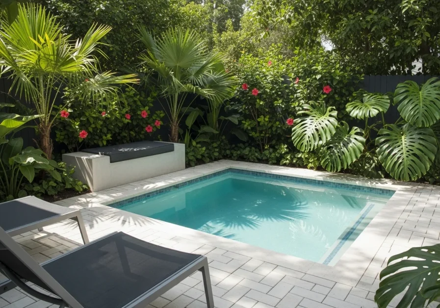 Small backyard plunge pool with greenery and calm water.