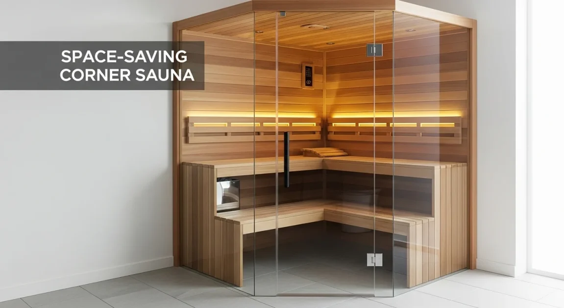 Modern Sauna Design Ideas 5 A small corner sauna with a glass door and cedar interior, designed to fit in a modern bathroom.