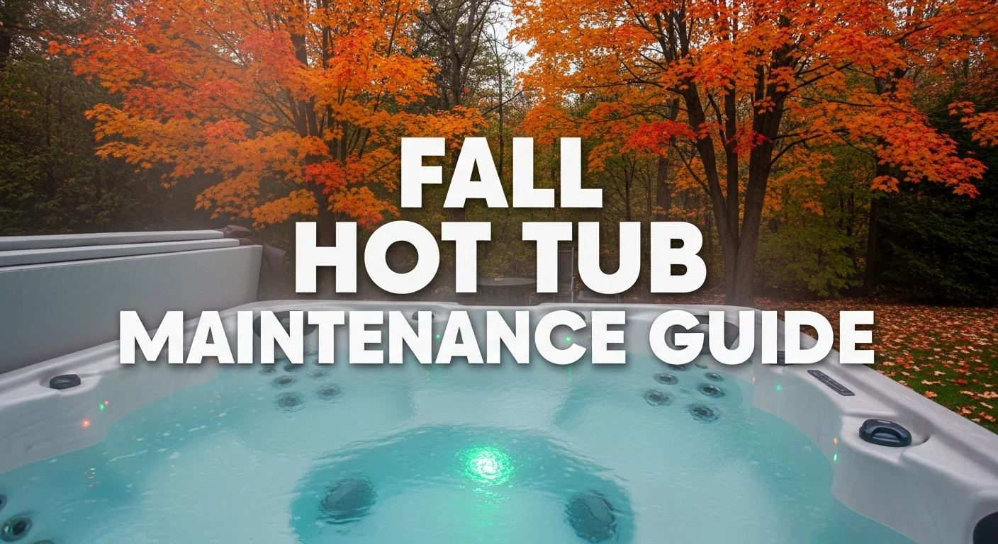 A steaming hot tub in a fall backyard with vibrant orange, red, and yellow leaves. Bold white text reads "Fall Hot Tub Maintenance Guide" in the center.