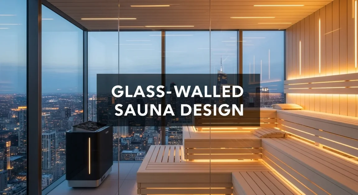 Modern Sauna Design Ideas 3 A modern sauna with glass walls, wooden benches, and soft lighting overlooking a city skyline.