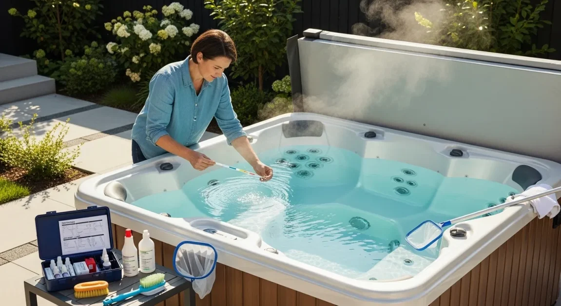 How to Maintain a Hot Tub: 2 Homeowner testing hot tub water with a test strip during routine maintenance
