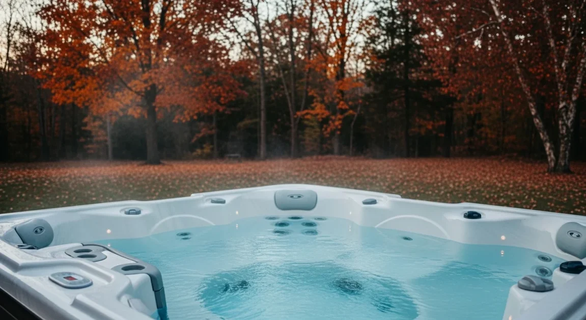 A clear, steaming hot tub in a backyard surrounded by colorful fall foliage with red, orange, and brown leaves under soft evening light.