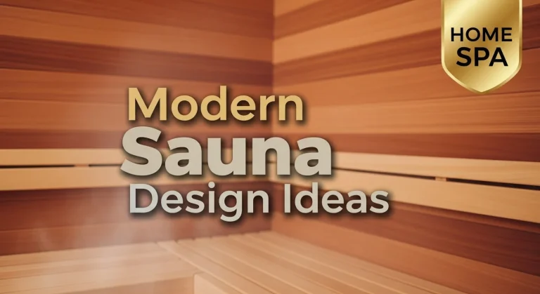A thumbnail image with bold text reading “Modern Sauna Design Ideas” over a warm cedar wood background with soft steam, featuring a small gold badge labeled “Home Spa” in the corner.