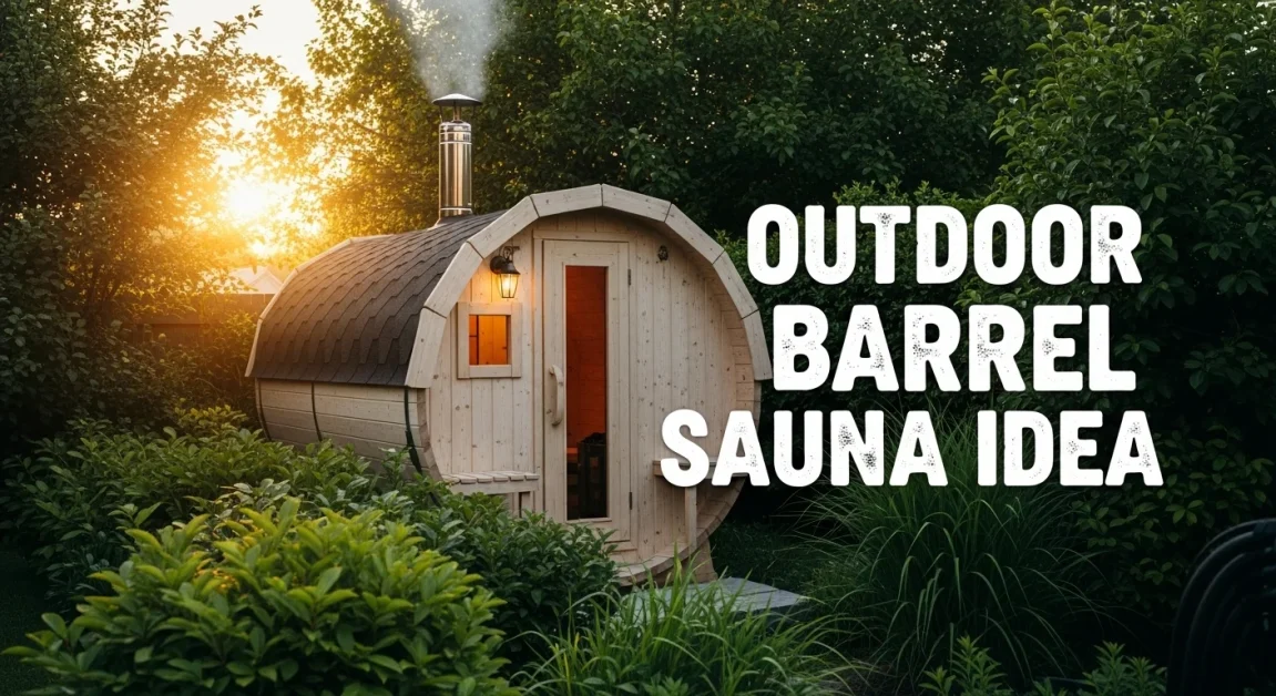 Modern Sauna Design Ideas 4 A wooden barrel-shaped outdoor sauna placed in a backyard garden at sunset.