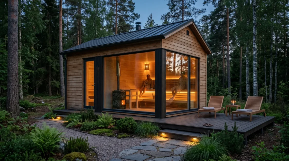 Modern Sauna Design Ideas for a Stylish Home Spa 2 Modern outdoor sauna with panoramic windows beside a peaceful wooded backyard setting.