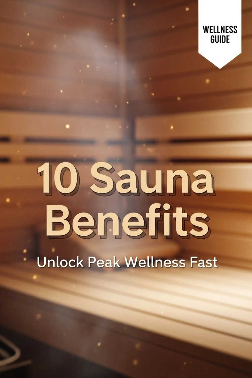 A cozy wooden sauna interior with text overlay saying “10 Sauna Benefits: Unlock Peak Wellness Fast,” featuring soft steam and warm lighting for a relaxing feel.